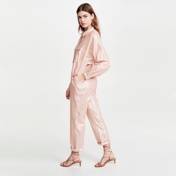NWT Kondi pink & metallic thread cotton blend utility jumpsuit, XS - Picture 1 of 8
